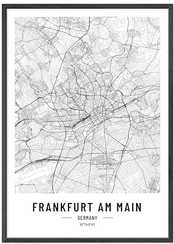 JUNOMI® Frankfurt Poster DIN A2 mit Rahmen Schwarz, DIN A2 Wohnzimmer Deko, Modernes Wandbild, Frankfurt Bild, Wandbild mit Rahmen, Stadtplan Poster Frankfurt, perfekte Geschenkidee für Frankfurter