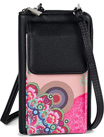 styleBREAKER Mini sac à bandoulière pour femme Porte-monnaie avec motif de fleurs ethniques, compartiment pour téléphone portable, protection RFID 02012378, couleur:Beige-marron-marron foncé-rose