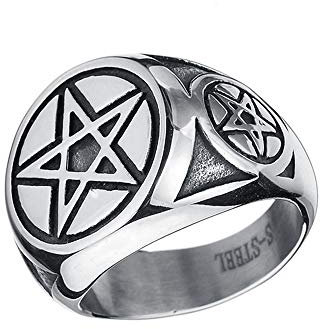 BlackAmazement Bague en acier inoxydable 316L avec pentagramme à cinq étoiles, pied de drude, pentacle, argent et noir, pour homme et femme, acier inoxydable,