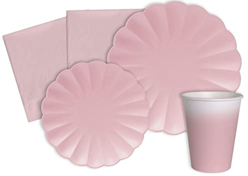 Ciao Kit Vajilla de Fiesta Flower Shape para 24 personas (112 pcs: 24 platos Ø23cm, 24 platos Ø18cm, 24 vasos 250ml, 40 servilletas 33x33cm) de papel compostable eco-friendly, rosa pastel