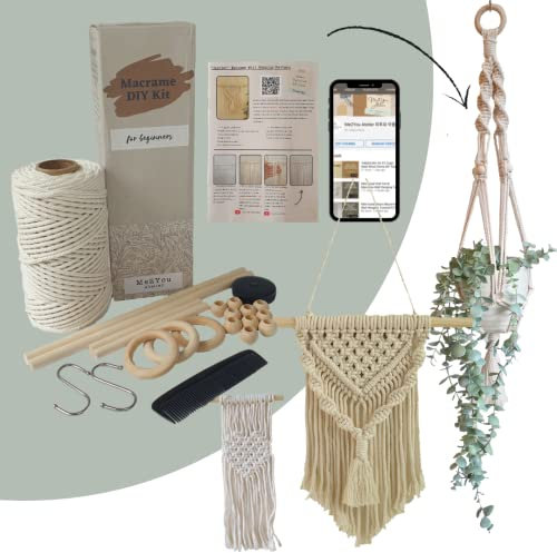Khaki Colour Easy Macrame DIY Kit for Adults Beginners, Wall Hanging, Plant Hanger, Starter Kit with Written Instructions & Video Tutorials, 100 Meters of Cotton Rope, Wooden Dowel, Wooden Beads