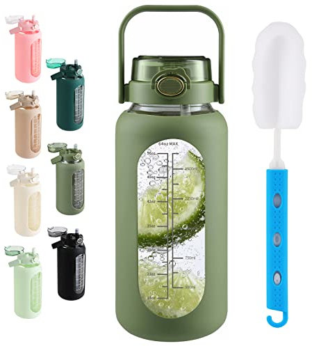 Bouteille d'eau en verre de 1,8 l avec paille et couvercle à poignée, bouteille en verre de motivation avec manchon en silicone et marqueur de temps, grande carafe d'eau réutilisable pour salle de