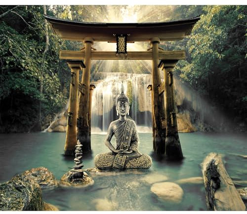 decomonkey - Papier Peint Panoramique Adhésif Bouddha 343x256 cm - Stickers Muraux Salon Chambre Déco XXL Autocollant - Vert beige gris - Bouddha bouddhisme arbres nature orienter eau cascade zen