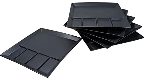 Spetebo Raclette und Fondue Teller eckig 6er Set - schwarz - Grillteller mit 5 Kammern - Menü Tapas Grill Party Sushi Platte aus Porzellan spülmaschinenfest
