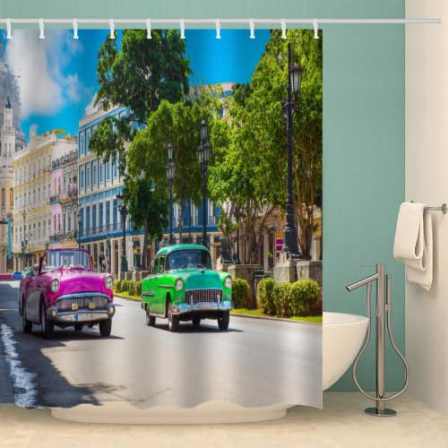 TSMMB Duschvorhang 120X200 Wasserdicht Anti Schimmel Polyester Stoff Waschbar,Duschvorhang Auto Motiv Mit Landschaft Für Badewanne,Beschwerter Saum,Mit Kunststoffhaken,C22