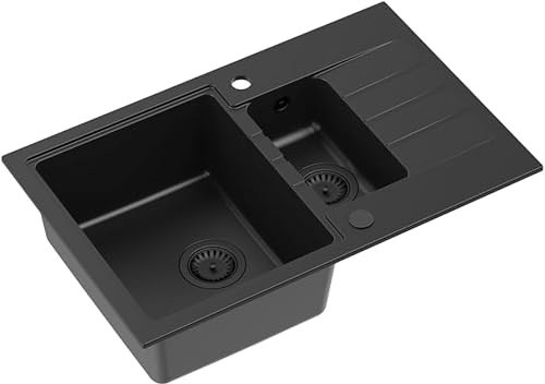 QUADRON Doppelbecken-Spüle Spülbecken Küchenspüle | Größe 78 x 50 x 20 cm, Pure Carbon | PETER 156 Granit Granitspüle | Doppelbecken Spüle Küche | Unterschrank ab: 60 cm