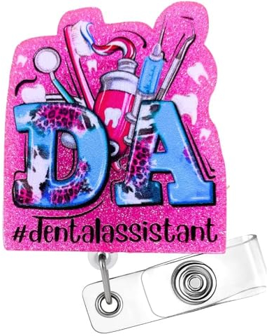 Dental Badge Reel, DA Dental Assistant Accessories Badge Holder ID Card Name Clip Retractable Lanyard | Funny Cute Glitter Toothbrush Tooth Medical Gifts for Dentist Hygienist Student Assistant