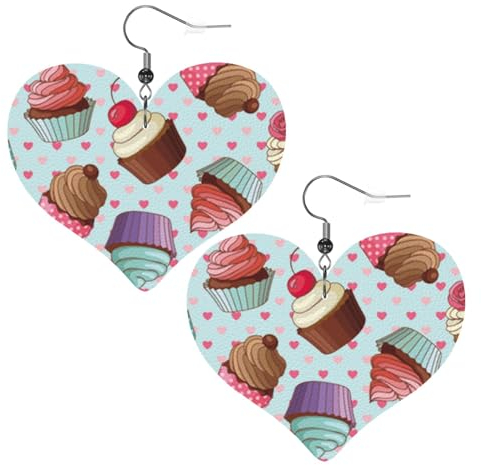OPSREY Cupcake Muster gedruckt Mode Herz Ohrring Leder Ohrstecker baumeln dekorative Ohrring, Einheitsgröße, Kunstleder