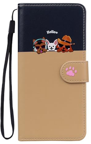 Butnyeoe Handyhülle für iPhone X Klappbar,iPhone XS Hülle,Süße Cartoon Hunde Leder Brieftasche Schutzhülle Tasche Flip Case,Magnetische Klapphülle mit Kartenfach Standfunktion,Dunkelblau+Gelb