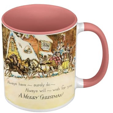 Mug de Couleur Qualité Premium Rose - Merry Christmas Pere Noel Traineau Peinture Vintage Retro - Tasse avec anse et intérieur de couleur