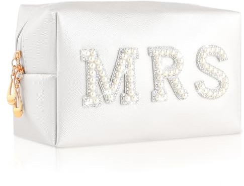 Andibro Braut Make up Tasche,MRS Buchstaben Braut Perlen Strass PU Clutch Tragbare Reise Kosmetiktasche Damen Weiß für Junggesellenabschied Frauen Hochzeit Brautparty Reise Zubehör