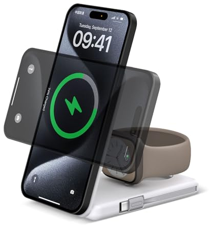 DDUAN 3 in 1 Mag-Safe Drahtlose Ladestation Kompatibel für Phone 15 14 13 12/Watch, Faltbare Schnellladegerät Stand, 5000mAh Battery Pack USB C Power Bank mit 20W PD Adapter (Weiß)