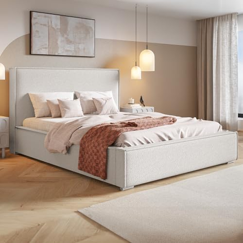 MOTIVENA Arizona Polsterbett 200x200 Weiß, Polsterbett 200x200 Boucle, Polsterbett 200x200 mit Bettkasten, Polsterbett 200x200 mit Stauraum, mit Lattenrost, mit Kopfteil, ohne Matratze, Weiss (Milch)