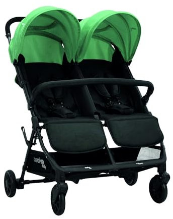Silla de Paseo Gemelar DOUBLE HENRY - Reclinable y Plegable, para Gemelos o Hermanos desde Nacimiento hasta 15 kg, Capota UV, Freno y Cesta – Verde Asalvo