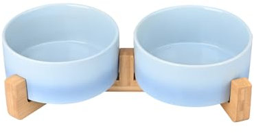 SPUNKYJUNKY Gamelle Double en céramique avec Support en Bambou pour Chat et Chien (400ml, Bleu dégradé)