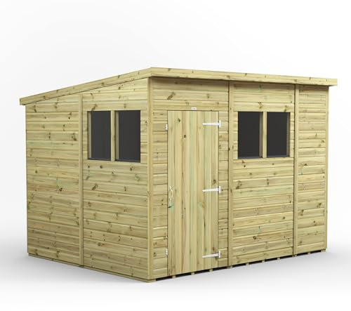 Powersheds High Grade Premium Pressure Treated Pent Shed Garden Wooden Shed with Heavy Duty Frame, Door & Window Flexibility made from Extra Thick Timber & Toughened Glass (10x8)