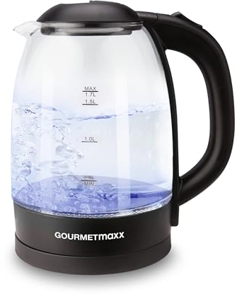 GOURMETmaxx Glas-Wasserkocher mit LED-Beleuchtung 1,7 l | Modernes Design, kabellose Flexibilität & automatische Abschaltung | Wasserstandsanzeige | Perfekt für Tee [Schwarz]
