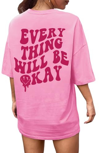 CMTOP T Shirt Oversize Femme à Col Rond Manches Courtes Imprimé De Lettres Loose Tee Shirt Haut Décontracté Chemise Surdimensionné Sport Blouse Coton D'été