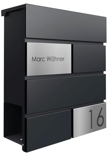 Briefkasten Manufaktur® Design Briefkasten Kant Edition mit Zeitungsfach - Elegance 3 individuell mit Ihrem Namen & Hausnummer (RAL 9005 tiefschwarz)