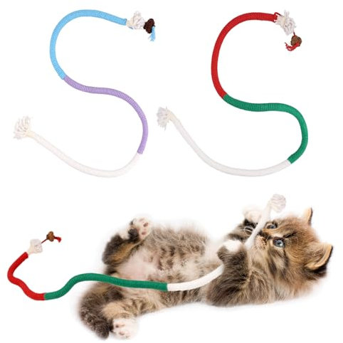 NQEUEPN 2uds Juguete Cuerda Gatos, 70x1cm Juguete Cuerda Algodón Gatos Juguete Masticable Gatos Juguetes para Interactivos Prueba Mordeduras para Gatos Todas Edades(Azul, Rojo)