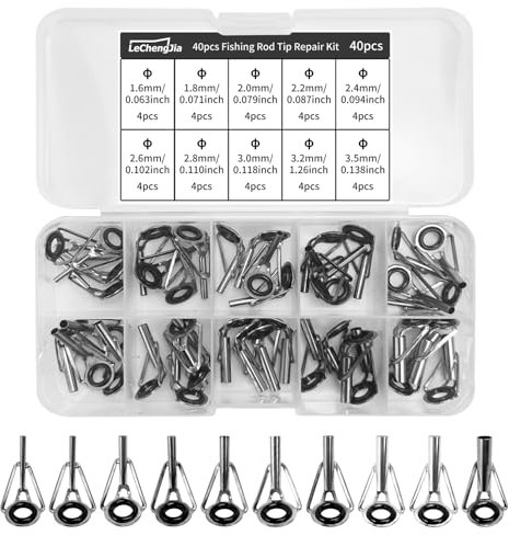 40 Stück Angelrute Reparatur ZubehöR, 10 Größen, Angelruten Spitzen Reparatur, Rutenspitzen Reparaturset, Edelstahl Keramik Spitzenringe mit Kunststoffbox, für Süßwasser Salzwasser Angelliebhaber