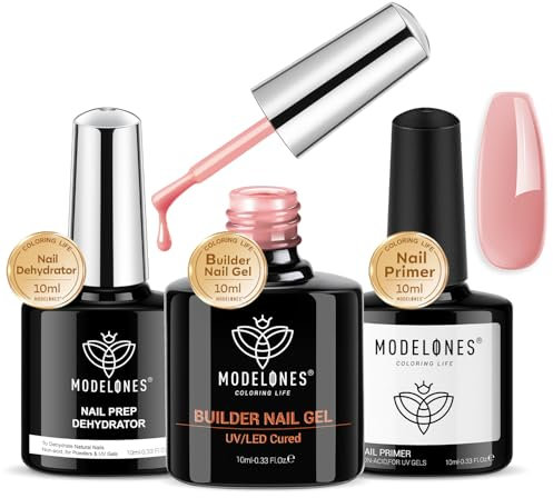 Modelones Rose Nude Pink Builder Gel with Nail Primer& Nail Dehydrator Set, Professional Nail Superior Bonding Primer Gel Builder for Nails, Hard Gel Strengthener Extension Builder Gel in a Bottle