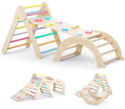 CUPCHID 7in1 Triangle Climbing Frame for Toddlers, Foldable Wooden Indoor Climbing Triangle Set with Ramp and Arch, Montessori Climber Toys, Ages 1-6