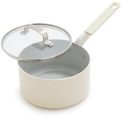 GreenPan x Bobby Flay 2.5QT Nonstick Saucepan with Glass Lid, PFAS-Free Diamond Ceramic, Induction Suitable, Stay-Cool Silicone Handle, Easy Clean Dishwasher & Oven Safe, Chef Pan, Cream