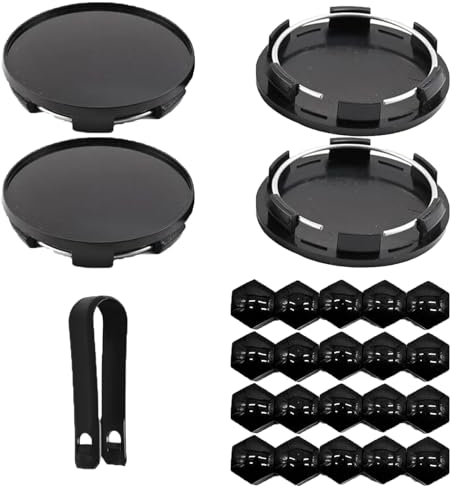 Fleymu 4 Pièces Auto Cache Moyeu, Cache Moyeu in ABS 60 mm(ID 56 mm), avec Wheel Nut Cover et Outil Demontage, Cache de Roue Centrale Universels pour Benz,Volkswagen, Audi und Anderen Modellen (Noir)