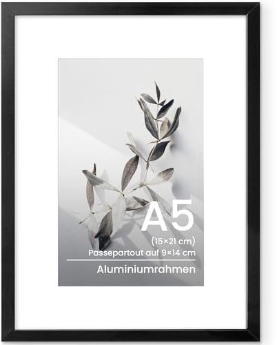 Feihorrm Bilderrahmen A5 Metall Schwarz mit Glas und A6 Passepartout | Aluminium Rahmen A5 15x21 cm Fotorahmen Mit gehärtetem Glas, 9x14 cm-Fotos mit Passepartout für Wand oder Tischdisplays