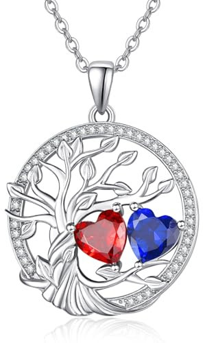 AENEAS Tree of Life Birthstone Necklace 925 Sterling Silver Double Heart Birthstone Necklace Tree of Life Pendant Jewelry Gifts for Women