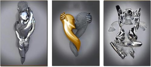 SYLUOQP Couple Impression sur Toile Abstraite, Métal Sculpture Figure Peinture Love Heart Effet 3D Wall Art Décoration Murale sans Cadre,D,30x40cm