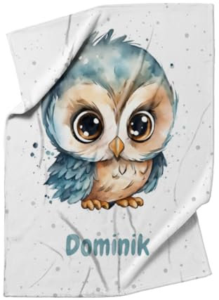 fotobar Personalisierte Kuscheldecke mit niedlicher Eule - Decke 75 x 100 cm mit Namen personalisierbar - Geschenkidee Baby - Geschenkidee Geburt Eule 75 x 100 cm
