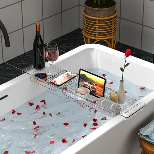 Plateau Baignoire,Pont de Baignoire en Acrylique, Tablette Baignoire Extensible, Traction de Tablette de Baignoire Out pour Bougies, Verre à Vin,Livre,Tablette,Ipad et Livres