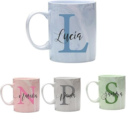 TAZALAND | Taza PERSONALIZADA | Con Inicial y Nombre | 350 ml | Apta para Microondas | Taza Personalizada a Todo Color (360º) | Diseño de Mármol | Ideal para Familiares o Amigos (AZUL)