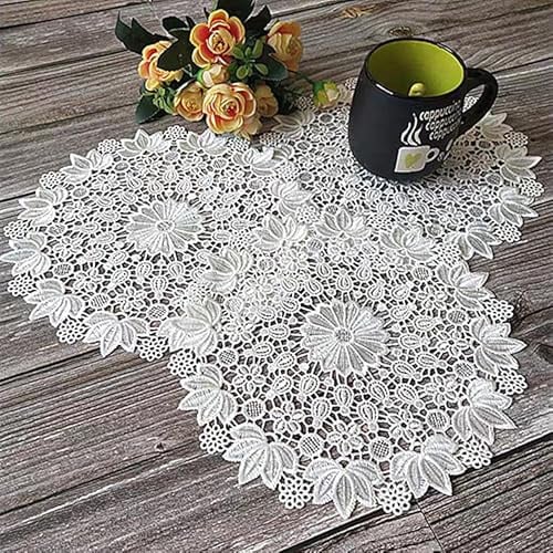 Yulakes 6 Stück weiße Spitze Runde Stickerei Tisch Tischset ，Handarbeit Geklöppelt Spitzendeckchen Baumwolle Placemat Blume Matte，Spitzendeckchen Häkeldeckchen Tischdecke (25cm)