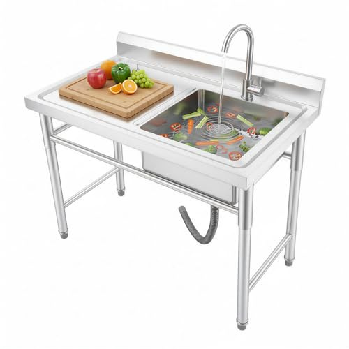 Évier professionnel en acier inoxydable avec plan de travail et mitigeur - 1 bac - 100 x 61 x 95 cm - Multifonction - Pour cuisine, linge, garage