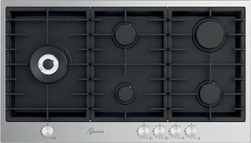 Gurari Gaskochfeld 90 cm Edelstahl/Schwarz TY905VPGC Einbau Gasherd mit 5 Flammen • WOK-Brenner 4,0 kW • Erdgas & Propan (FL.Gas) • Massive Gusseisenroste • Modernes Design • Profi-Qualität