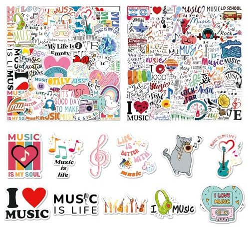 102 Stück Musik Motivationssticker für Laptops, Vinyl-Musiksticker für Wasserflaschen, Gitarren, Musiksticker-Set Geschenk für Erwachsene, Jugendliche, Schüler, Frauen, Männer