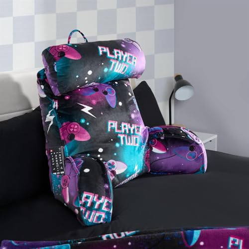 OHS Cuddle Cushion with Head Rest, Gaming Gifts Detachable Neck Roll Reading Pillow for Bed Adult High Back Support Cushion with Arms Gaming Cushions for Boys Girls Sit Up in Bed Pillow, Purple Neon