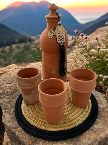Jarre à Eau Marocaine en Terre Cuite – Format Réfrigérateur + Plateau & Tasses (1L+ou-) – Purification Naturelle