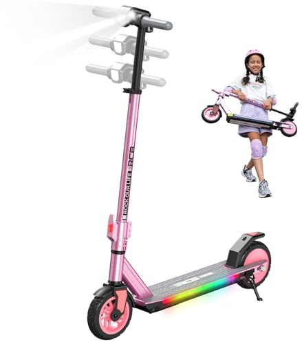 RCB R12 PRO E-Scooter Kinder 6+ Jahren, bis zu 16km/h &15km, 7 Zoll Faltbar Elektroroller,Höhenanpassung,Bunte Leuchten,LED Display,Doppelte Bremsen, Geschenk für Kinder