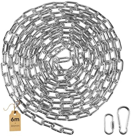 SWAWIS 6m Silber Stahlkette aus Kohlenstoffstahl 6mm, Oberfläche Verzinkt | Starke Metallkette mit M6 Karabinerhaken und Schnellverschlussringe Gliederkette für Absperrketten Schaukeln Hängesessel