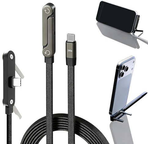 nnOuOnn Invisible Foldable Holder Charger Cable with Stand, 240w Fast Charging Stand Sideways Data Cables with Bendphone Accessories, Flat USB c 5 FT/150cm, for iPhone 17 Series, S25 S24 Ultra