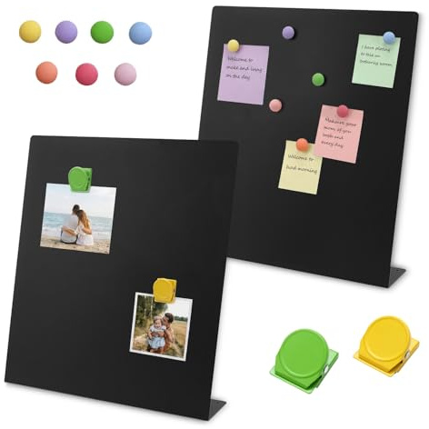 Acidea 2 Stück Magnettafel Mattschwarz, 32 x 28 cm Metall Magnetboard | Magnetboard mit stabilem Standfuß, mit Clips & Magnete, Magnet Display Stand für Tischplatten Zuhause,Schule, Küche, Büro
