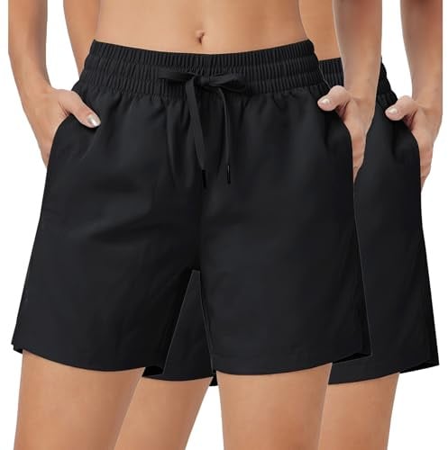 Riocs 2er Pack Sporthose Damen Kurz 5 Kurze Hosen Damen Schnelltrocknend Laufshorts Fitness Shorts mit Taschen Doppelpack