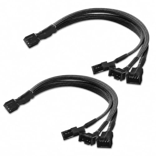 Fireblazexstar 2 Pack PWM Fan Splitter 1 to 3, 4 Pin Fan Extension Cable, 27cm Braided Y Fan Splitter Adapter for PC, CPU Cooler, Case Fans, 3 Pin & 4 Pin Fan Compatibility for Efficient Cooling