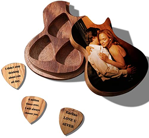 Personalisierter Foto-Pick-Halter mit 3-teiligen Holz-Picks, personalisierte Pick-Box, gravierter Name, Text, Bild, personalisiertes Geschenk für Vater, Ehemann, Freund, Sohn, Freunde