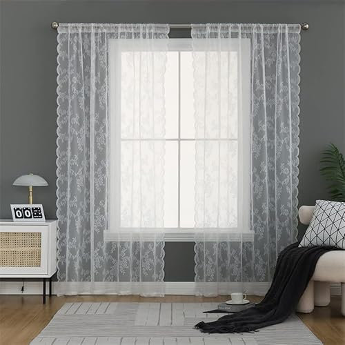 GYROHOME Tende trasparenti in pizzo floreale, con tasca per canna, in voile, tende trasparenti per camera da letto, stile vintage a pannello singolo, tende velate, bianche, 145 x 160 cm