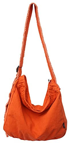 Retro Canvas Fransed Crossbody Bag Unisex Schultertasche Hobo-Tasche mit Reißverschluss Verstellbarer Riemen Distressed Washed Tote, A-Orange